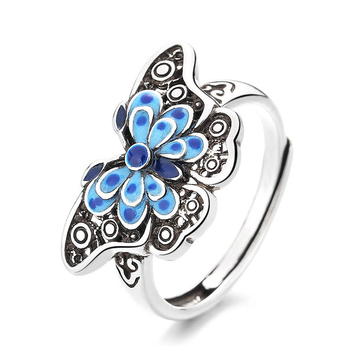 Buddha Stones Hollow Enamel Blue Butterfly Pattern Love Ring