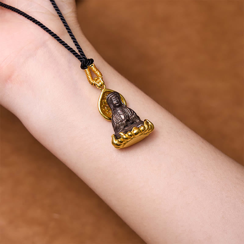 Buddha Stones Alloy Kwan Yin Avalokitesvara Wealth Rope Necklace Pendant