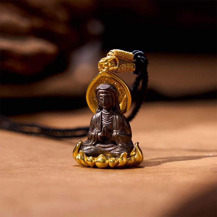 Buddha Stones Alloy Kwan Yin Avalokitesvara Wealth Rope Necklace Pendant