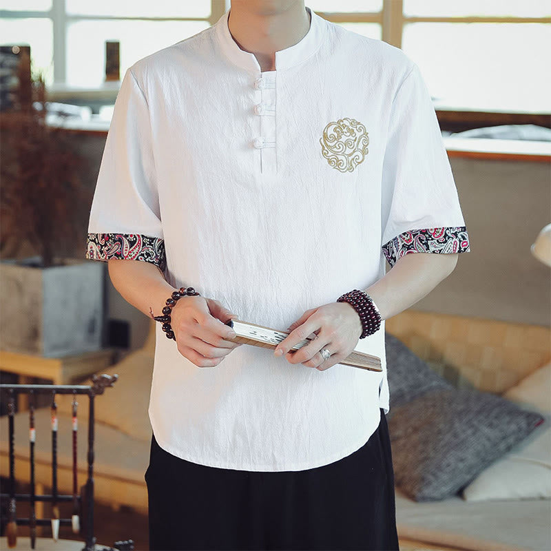 Buddha Stones Frog-Button Dragon Embroidery Chinese Tang Suit Short Sleeve Shirt Linen Men Clothing