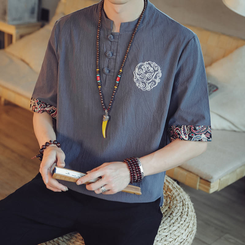 Buddha Stones Frog-Button Dragon Embroidery Chinese Tang Suit Short Sleeve Shirt Linen Men Clothing