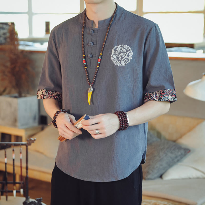 Buddha Stones Frog-Button Dragon Embroidery Chinese Tang Suit Short Sleeve Shirt Linen Men Clothing - image 1