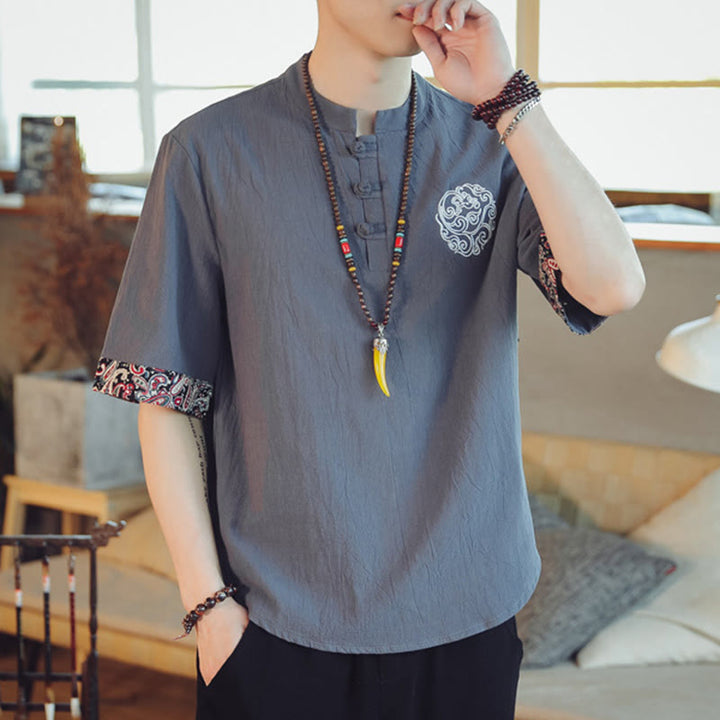 Buddha Stones Frog-Button Dragon Embroidery Chinese Tang Suit Short Sleeve Shirt Linen Men Clothing