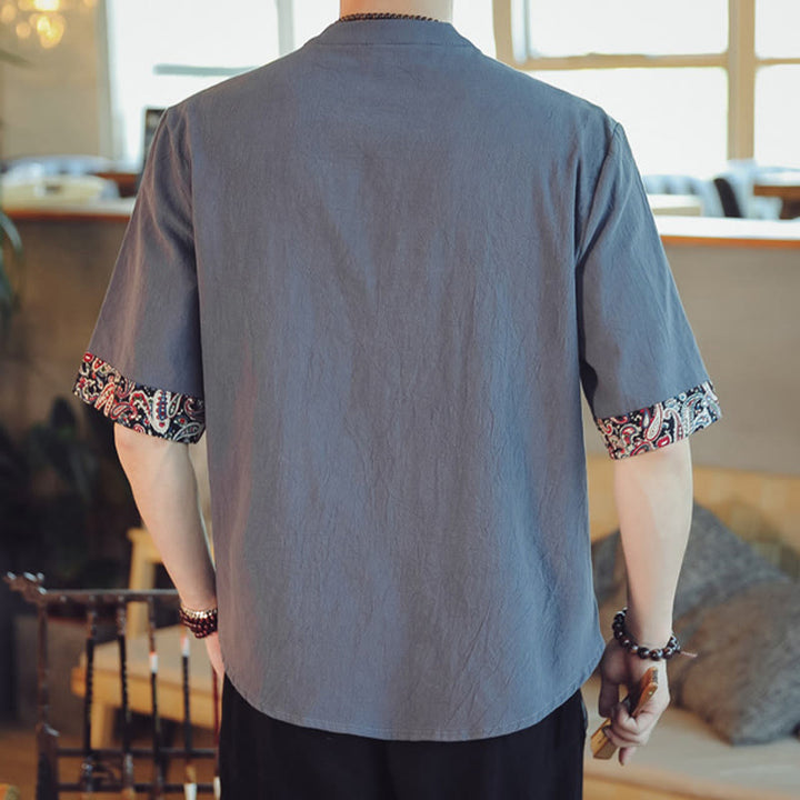 Buddha Stones Frog-Button Dragon Embroidery Chinese Tang Suit Short Sleeve Shirt Linen Men Clothing - image 2