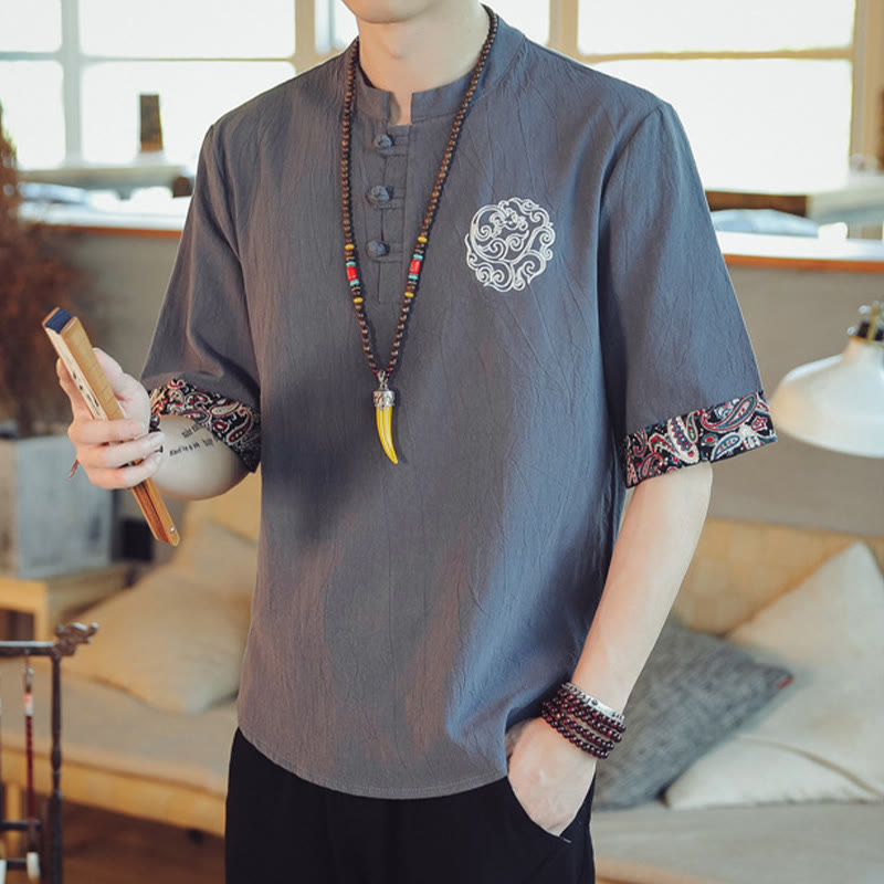 Buddha Stones Frog-Button Dragon Embroidery Chinese Tang Suit Short Sleeve Shirt Linen Men Clothing - image 4