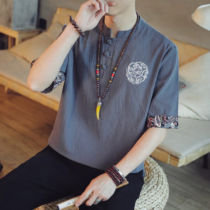 Buddha Stones Frog-Button Dragon Embroidery Chinese Tang Suit Short Sleeve Shirt Linen Men Clothing