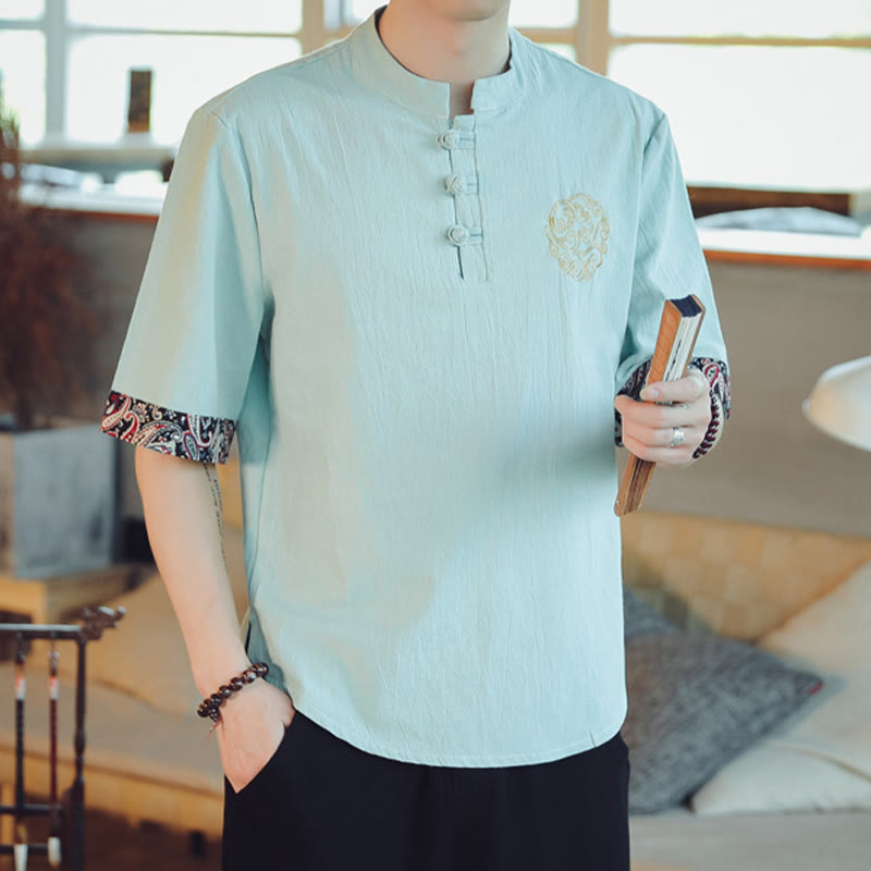 Buddha Stones Frog-Button Dragon Embroidery Chinese Tang Suit Short Sleeve Shirt Linen Men Clothing