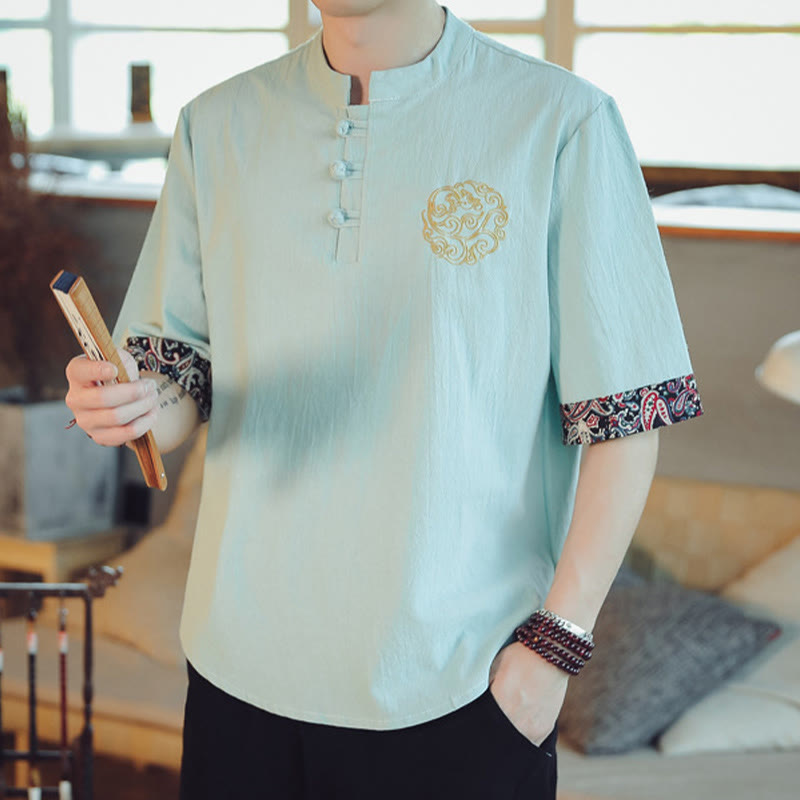 Buddha Stones Frog-Button Dragon Embroidery Chinese Tang Suit Short Sleeve Shirt Linen Men Clothing