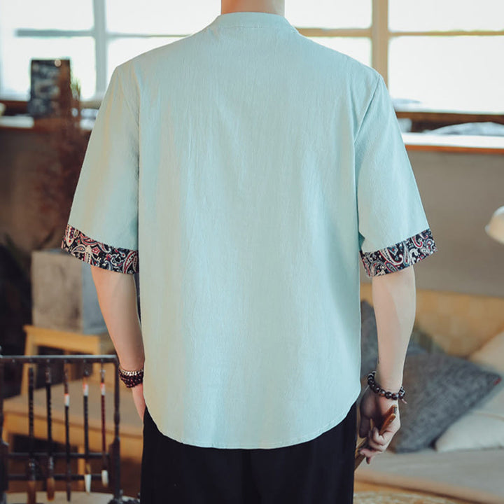 Buddha Stones Frog-Button Dragon Embroidery Chinese Tang Suit Short Sleeve Shirt Linen Men Clothing - image 13