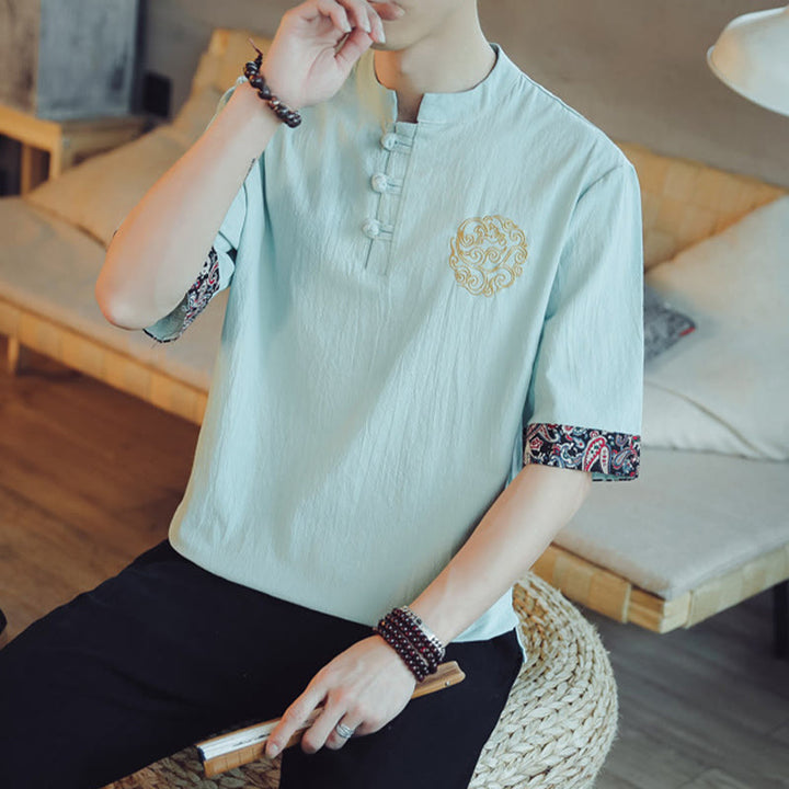 Buddha Stones Frog-Button Dragon Embroidery Chinese Tang Suit Short Sleeve Shirt Linen Men Clothing