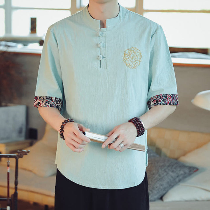 Buddha Stones Frog-Button Dragon Embroidery Chinese Tang Suit Short Sleeve Shirt Linen Men Clothing