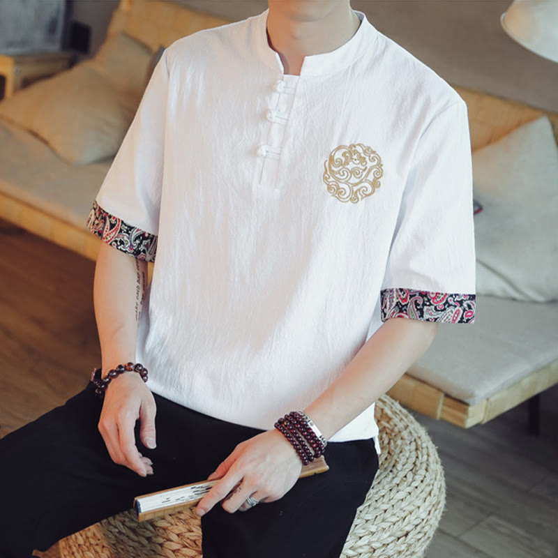 Buddha Stones Frog-Button Dragon Embroidery Chinese Tang Suit Short Sleeve Shirt Linen Men Clothing