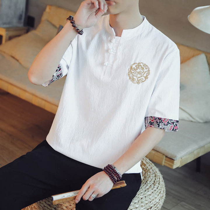 Buddha Stones Frog-Button Dragon Embroidery Chinese Tang Suit Short Sleeve Shirt Linen Men Clothing