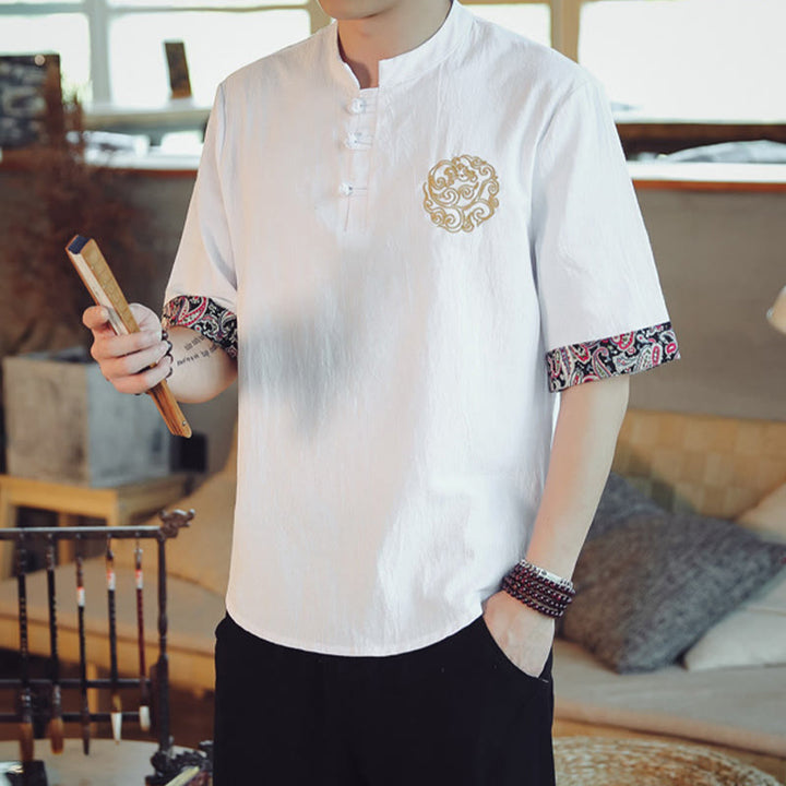 Buddha Stones Frog-Button Dragon Embroidery Chinese Tang Suit Short Sleeve Shirt Linen Men Clothing