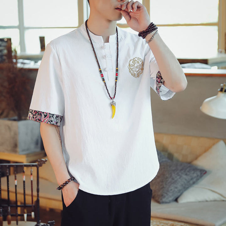 Buddha Stones Frog-Button Dragon Embroidery Chinese Tang Suit Short Sleeve Shirt Linen Men Clothing - image 22