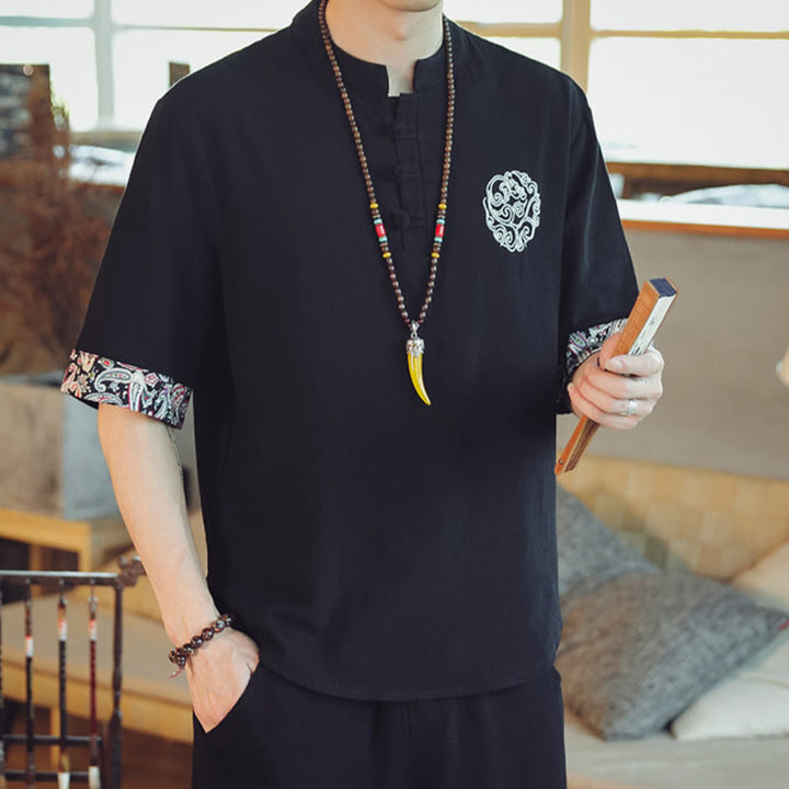 Buddha Stones Frog-Button Dragon Embroidery Chinese Tang Suit Short Sleeve Shirt Linen Men Clothing