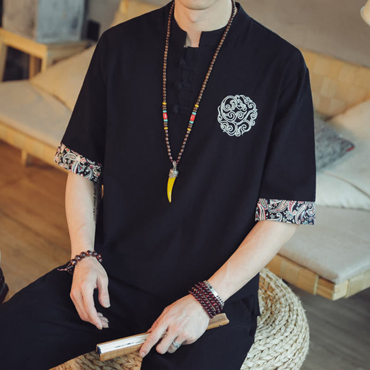 Buddha Stones Frog-Button Dragon Embroidery Chinese Tang Suit Short Sleeve Shirt Linen Men Clothing