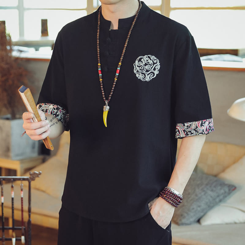 Buddha Stones Frog-Button Dragon Embroidery Chinese Tang Suit Short Sleeve Shirt Linen Men Clothing - image 29