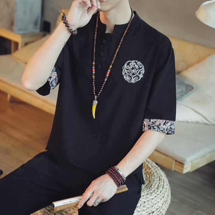 Buddha Stones Frog-Button Dragon Embroidery Chinese Tang Suit Short Sleeve Shirt Linen Men Clothing - image 32