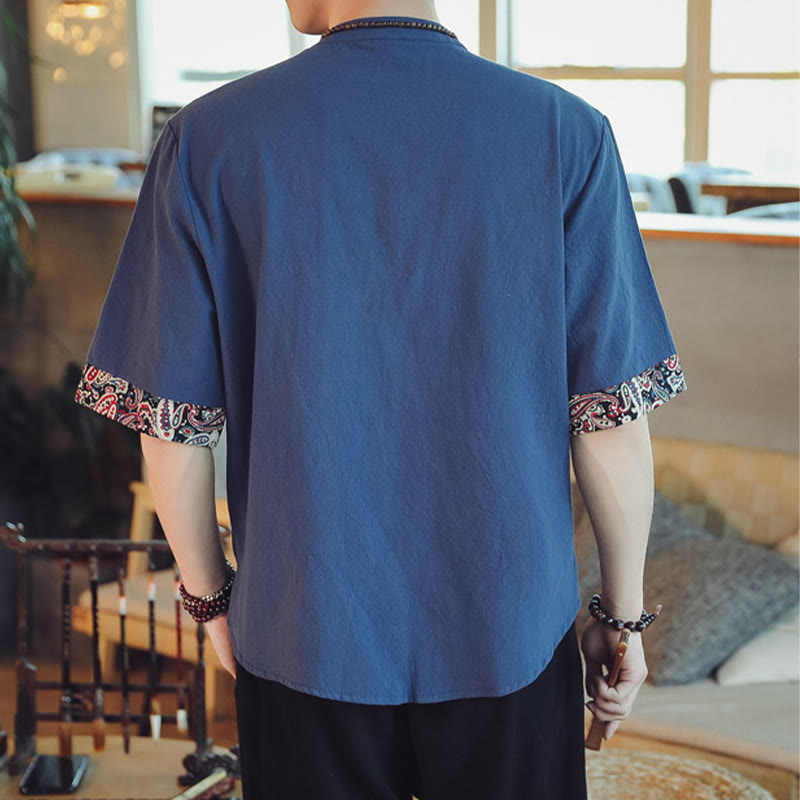 Buddha Stones Frog-Button Dragon Embroidery Chinese Tang Suit Short Sleeve Shirt Linen Men Clothing