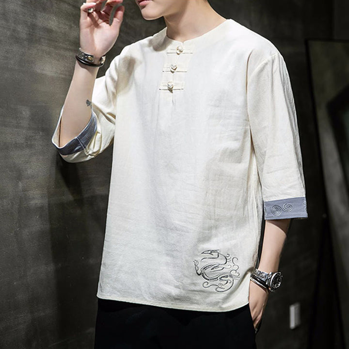 Buddha Stones Frog-Button Dragon Embroidery Chinese Tang Suit Three Quarter Sleeve Shirt Cotton Linen Men Clothing - image 1