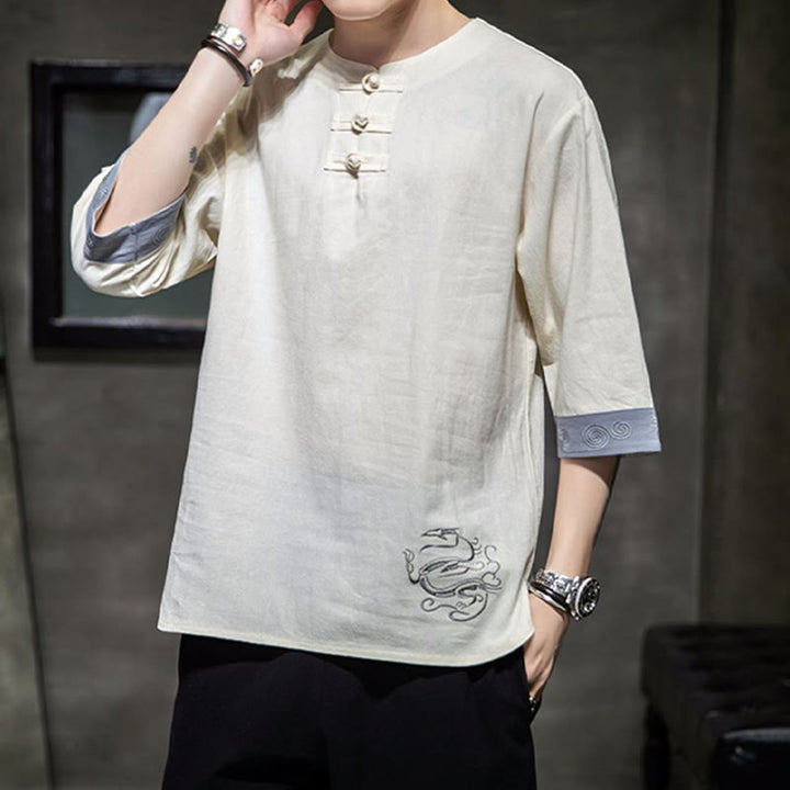 Buddha Stones Frog-Button Dragon Embroidery Chinese Tang Suit Three Quarter Sleeve Shirt Cotton Linen Men Clothing - image 11