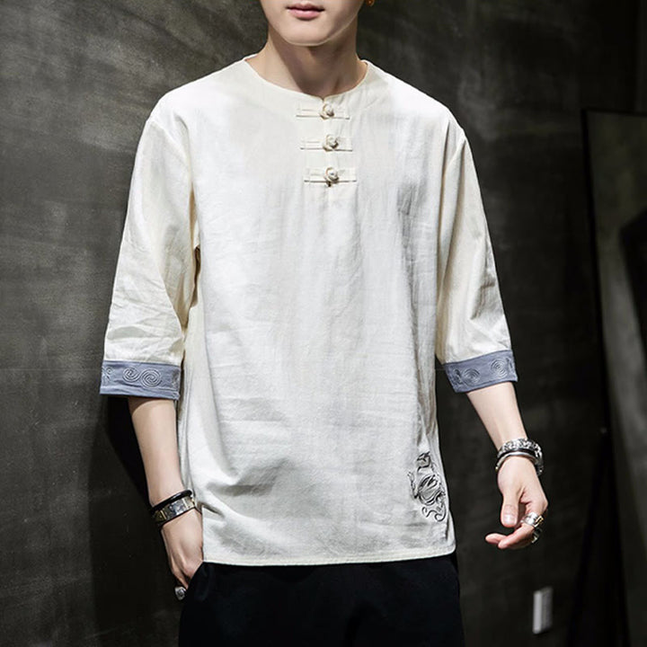 Buddha Stones Frog-Button Dragon Embroidery Chinese Tang Suit Three Quarter Sleeve Shirt Cotton Linen Men Clothing - image 4