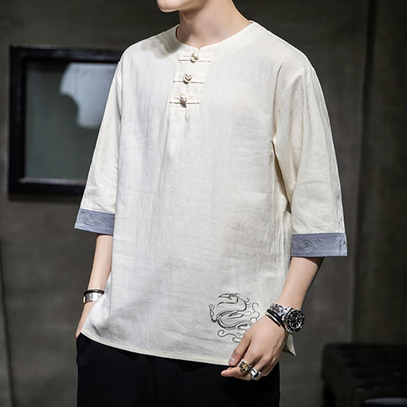 Buddha Stones Frog-Button Dragon Embroidery Chinese Tang Suit Three Quarter Sleeve Shirt Cotton Linen Men Clothing - image 7