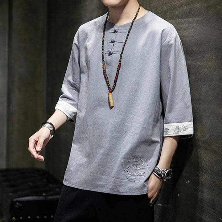 Buddha Stones Frog-Button Dragon Embroidery Chinese Tang Suit Three Quarter Sleeve Shirt Cotton Linen Men Clothing - image 17