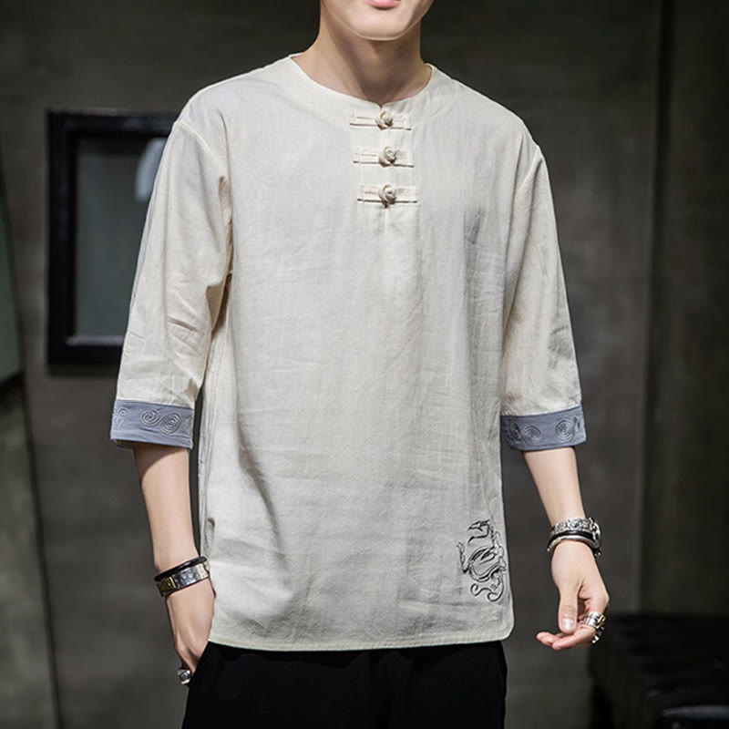 Buddha Stones Frog-Button Dragon Embroidery Chinese Tang Suit Three Quarter Sleeve Shirt Cotton Linen Men Clothing - image 9
