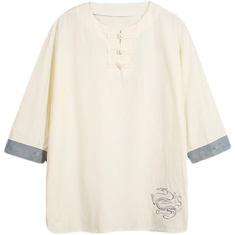 Buddha Stones Frog-Button Dragon Embroidery Chinese Tang Suit Three Quarter Sleeve Shirt Cotton Linen Men Clothing - image 12