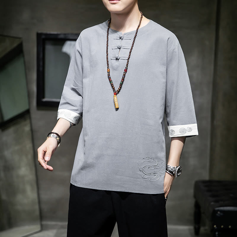 Buddha Stones Frog-Button Dragon Embroidery Chinese Tang Suit Three Quarter Sleeve Shirt Cotton Linen Men Clothing - image 19