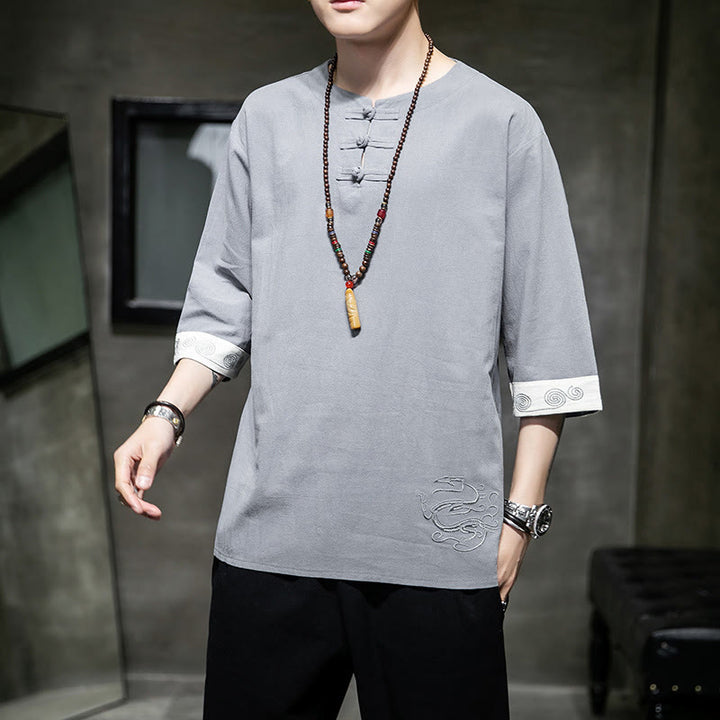 Buddha Stones Frog-Button Dragon Embroidery Chinese Tang Suit Three Quarter Sleeve Shirt Cotton Linen Men Clothing - image 19
