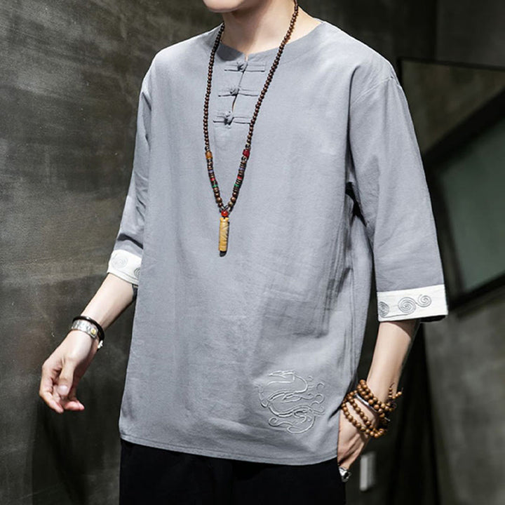 Buddha Stones Frog-Button Dragon Embroidery Chinese Tang Suit Three Quarter Sleeve Shirt Cotton Linen Men Clothing - image 18