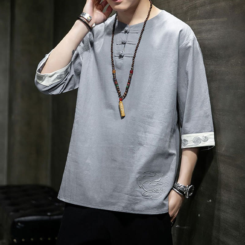 Buddha Stones Frog-Button Dragon Embroidery Chinese Tang Suit Three Quarter Sleeve Shirt Cotton Linen Men Clothing - image 20