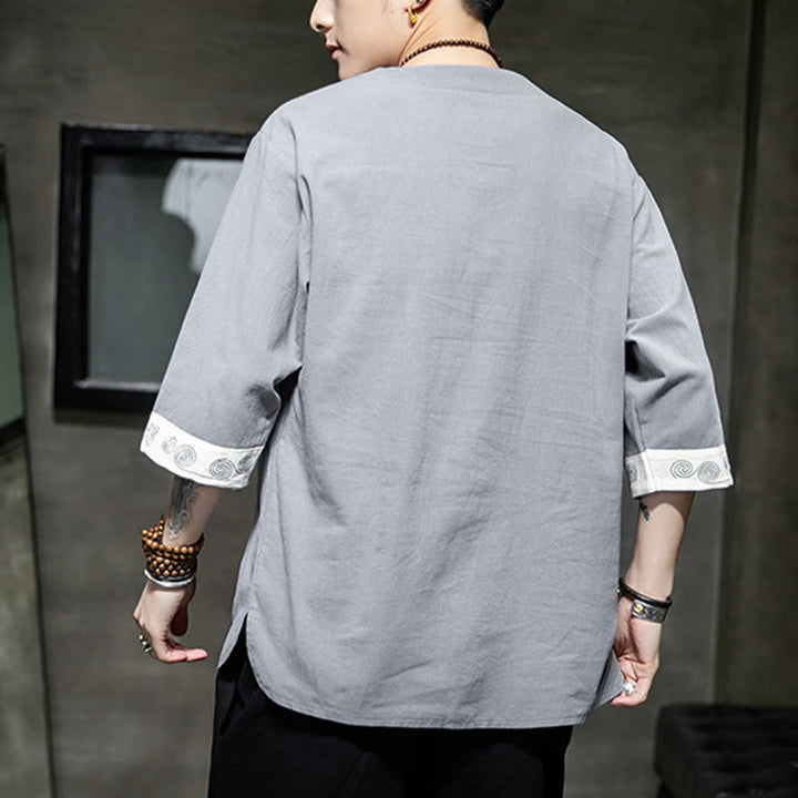Buddha Stones Frog-Button Dragon Embroidery Chinese Tang Suit Three Quarter Sleeve Shirt Cotton Linen Men Clothing - image 15