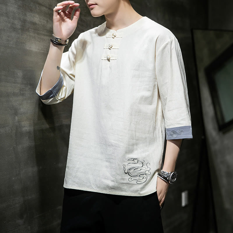 Buddha Stones Frog-Button Dragon Embroidery Chinese Tang Suit Three Quarter Sleeve Shirt Cotton Linen Men Clothing - image 10