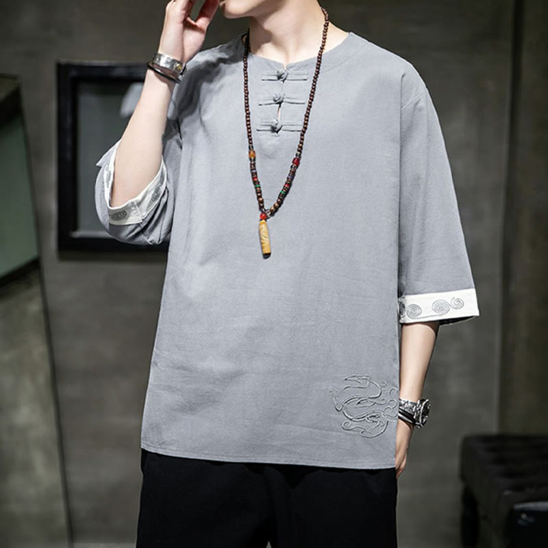 Buddha Stones Frog-Button Dragon Embroidery Chinese Tang Suit Three Quarter Sleeve Shirt Cotton Linen Men Clothing - image 16