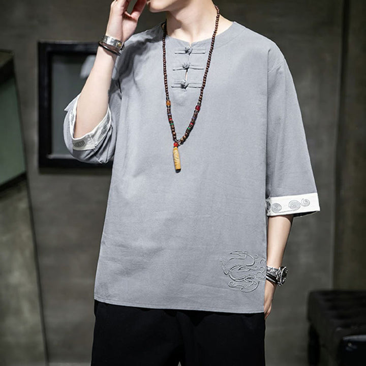 Buddha Stones Frog-Button Dragon Embroidery Chinese Tang Suit Three Quarter Sleeve Shirt Cotton Linen Men Clothing - image 16