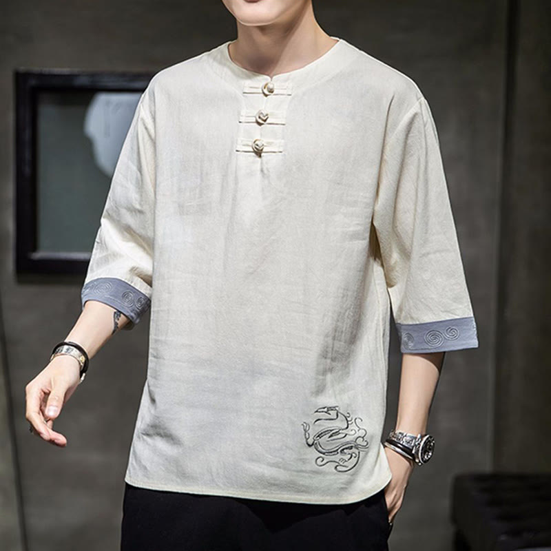 Buddha Stones Frog-Button Dragon Embroidery Chinese Tang Suit Three Quarter Sleeve Shirt Cotton Linen Men Clothing - image 8