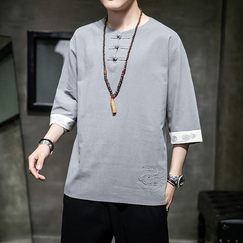 Buddha Stones Frog-Button Dragon Embroidery Chinese Tang Suit Three Quarter Sleeve Shirt Cotton Linen Men Clothing - image 22