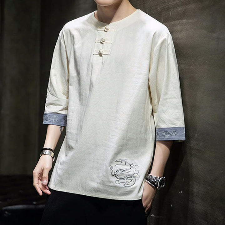 Buddha Stones Frog-Button Dragon Embroidery Chinese Tang Suit Three Quarter Sleeve Shirt Cotton Linen Men Clothing - image 5