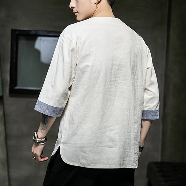 Buddha Stones Frog-Button Dragon Embroidery Chinese Tang Suit Three Quarter Sleeve Shirt Cotton Linen Men Clothing - image 3