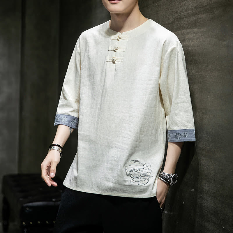 Buddha Stones Frog-Button Dragon Embroidery Chinese Tang Suit Three Quarter Sleeve Shirt Cotton Linen Men Clothing - Snow - US/UK/AU46，EU56 (5XL)  - image 1
