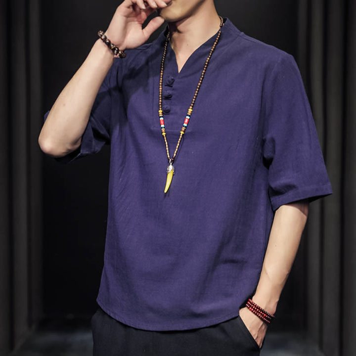 Buddha Stones Casual Summer Half Sleeve Shirt Cotton Men Clothing - image 29