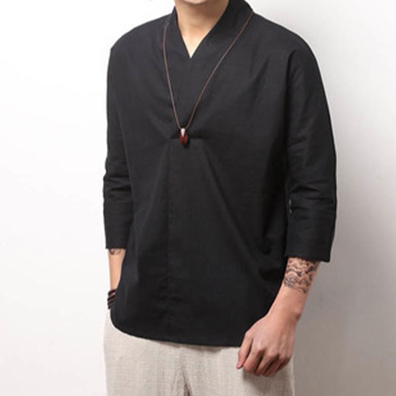 Buddha Stones Casual V-Neck Three Quarter Sleeve Shirt Cotton Linen Men Clothing