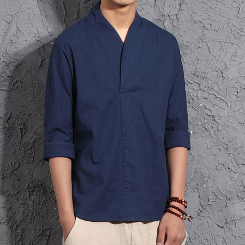 Buddha Stones Casual V-Neck Three Quarter Sleeve Shirt Cotton Linen Men Clothing