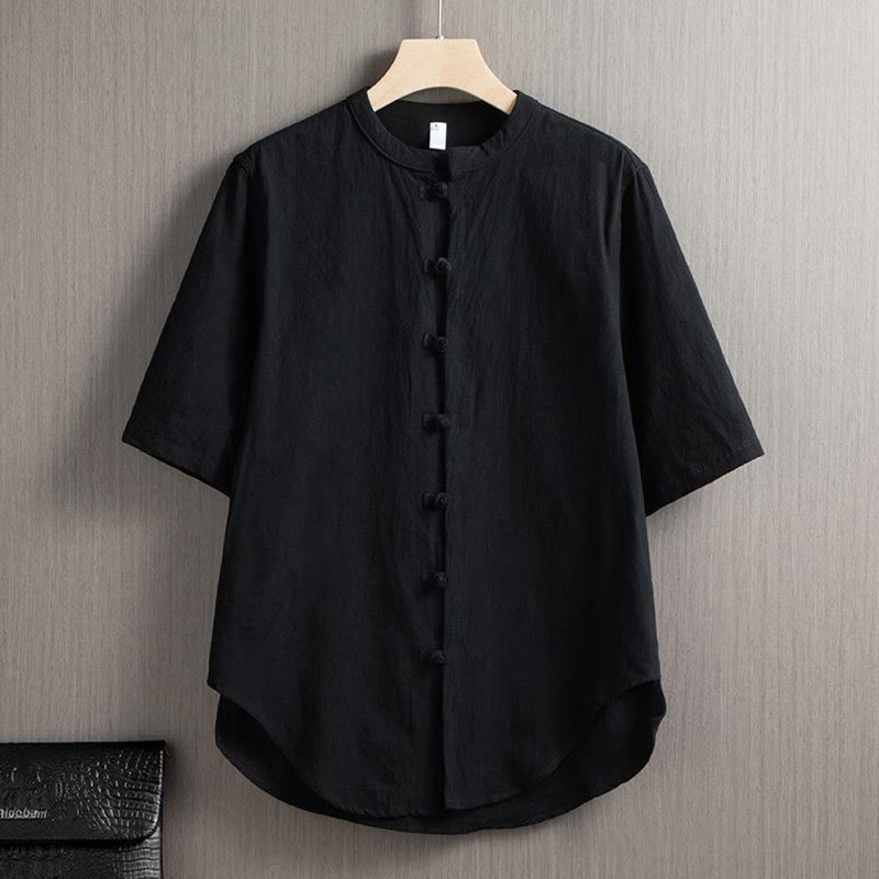 Buddha Stones Frog-Button Plain Chinese Tang Suit Short Sleeve Shirt Cotton Linen Men Clothing - Black - US/UK/AU46，EU56 (5XL) - image 6