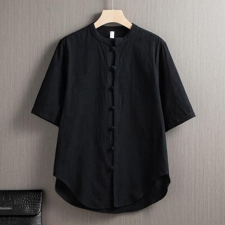 Buddha Stones Frog-Button Plain Chinese Tang Suit Short Sleeve Shirt Cotton Linen Men Clothing - Black - US/UK/AU46，EU56 (5XL) - image 6