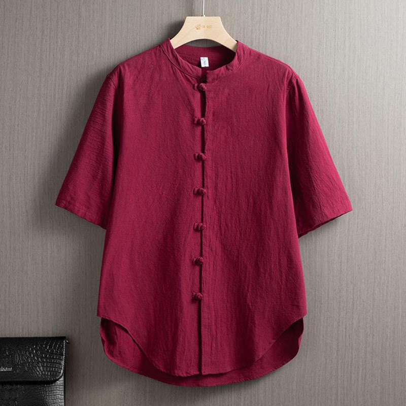 Buddha Stones Frog-Button Plain Chinese Tang Suit Short Sleeve Shirt Cotton Linen Men Clothing - IndianRed - US/UK/AU46，EU56 (5XL) - image 2